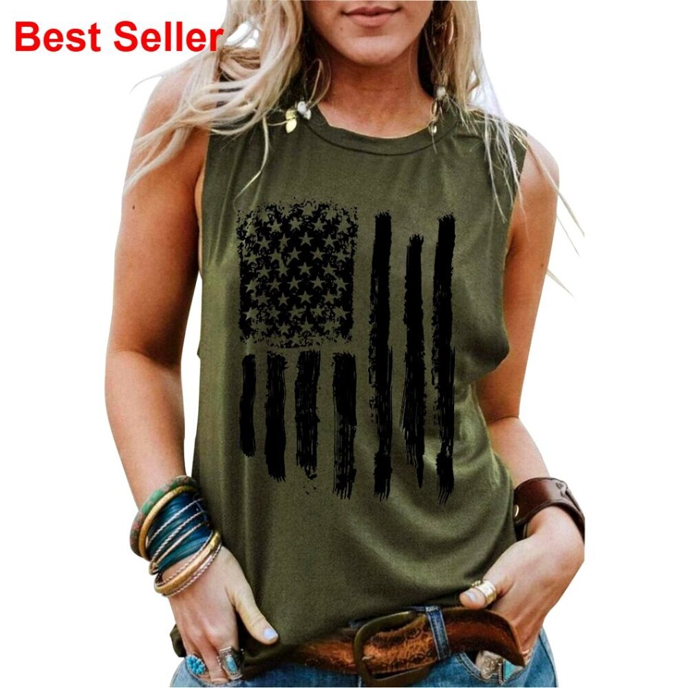 Patriotic USA Flag Tank Top Women's Sleeveless Tee Cotton Blend Stretch